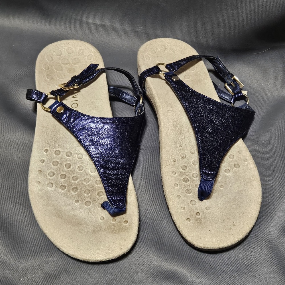 Vionic‎ Kirra T Strap Sandals Blue Purple Metallic Comfort Womens Size 9 Leather